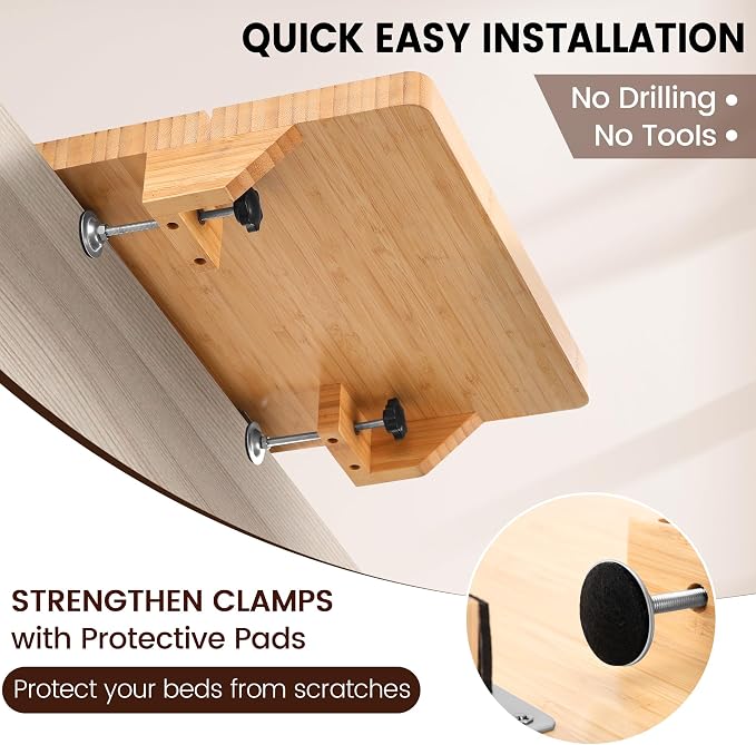 Bedside Shelf for Dorm Bed & Top Bunk, Bamboo Bed Side Table Tray with Cup Phone Holder & Hooks, Bedside Caddy, Clip on Nightstand Bedside Storage College Dorm Room Essentials (Bamboo-1)