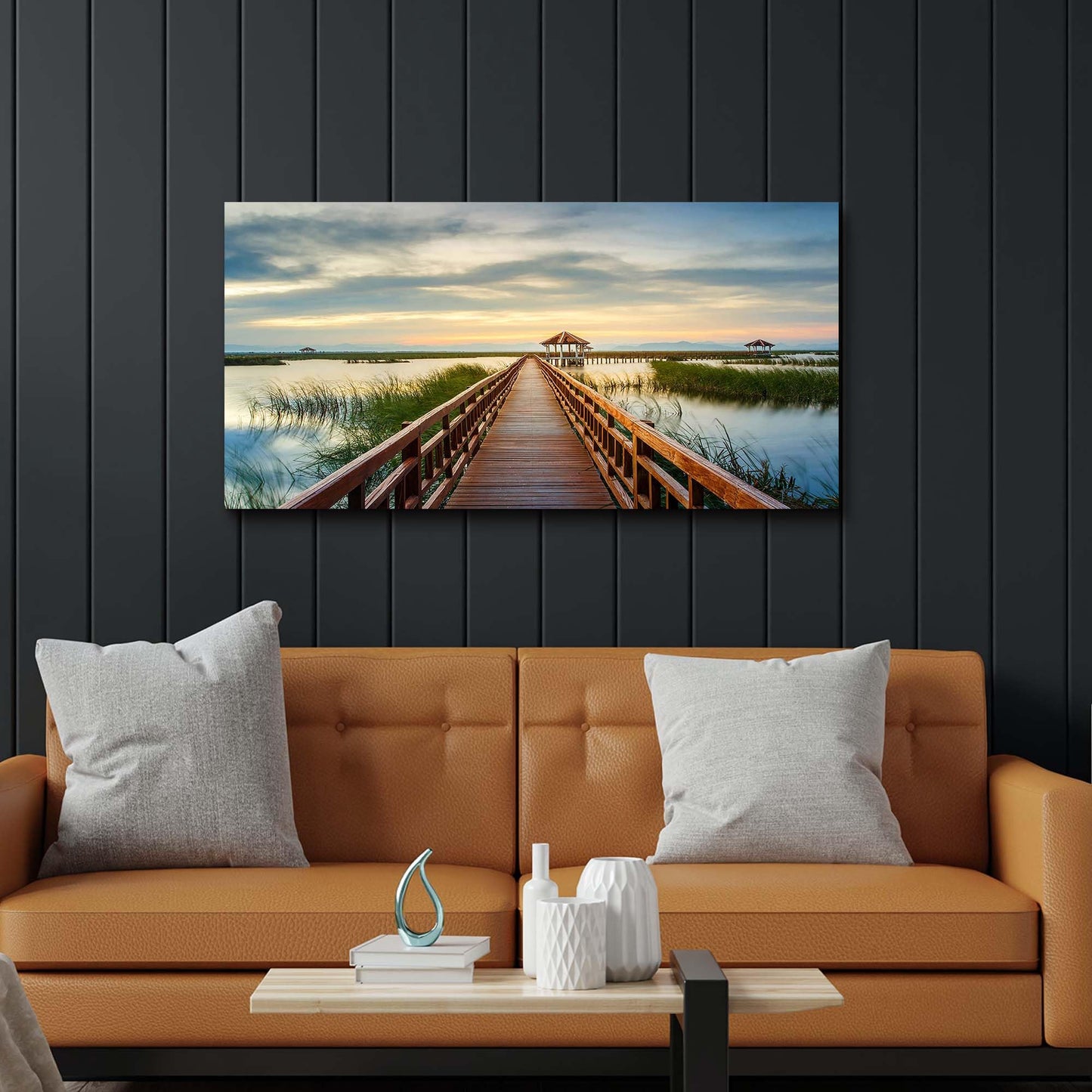 Lake Bridge Canvas Wall Art - Sunset Sky Landscape Painting Pier Walkway Picture Nature Prints Scenery Artwork for Living Room Home Office