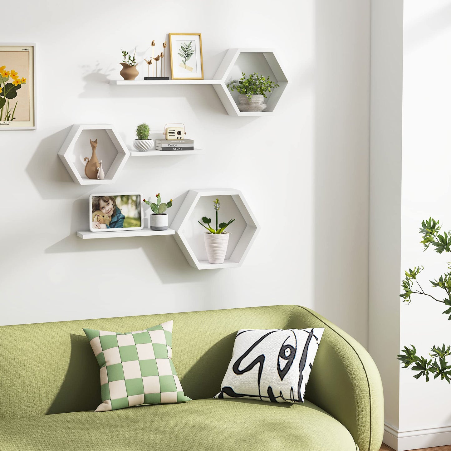 LUDORU Wooden Hexagon Floating Shelves Wall Mounted - Set of 6 Pine Wood Hexagon Shelves Display for Photos,Plants,Rustic Honeycomb Shelves for Living Room, Bedroom,Bathroom, Kitchen, Office, White.