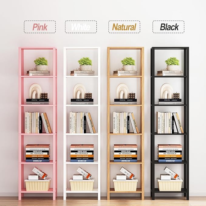 TUTOTAK Bookshelf, 6-Tier Tall Book Shelf, Narrow Bookcase for Small Space, DIY Stackable Bookshelf, for Living Room, Office, Study, Entryway, Industrial, Pink BS01BP006