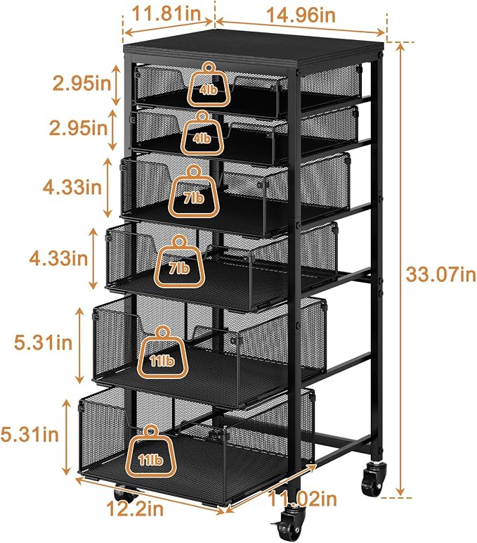 6-Tier Kitchen Storage Cart -Fruit Vegetable Storage Cart with Drawers, Wooden Top Metal Wire Kitchen Organizer and Storage Cart with Wheels to Storage Onions Potatoes Cans Snacks for Kitchen