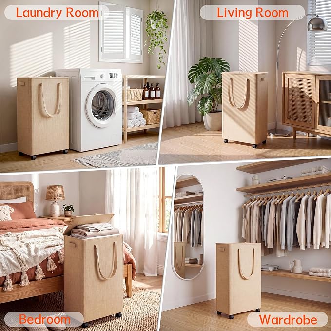 Slim Laundry Hamper with Wheels,15 Gal (55L) Rolling Laundry Basket with lid and wheels Clothes Hamper Foldable Tall Dirty Clothes Basket Sturdy Collapsible Clothes Hamper for Dorm,Laundry Room
