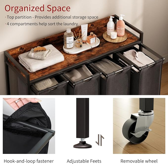 Herture Laundry Hamper with Shelf, Laundry Basket 4 Section, Laundry Sorter with Pull-Out Removable Large Bags and Movable Wheels, Metal Frame, 4 x 15.87 Gallons (60L), Rustic Brown + Black PF07XLY