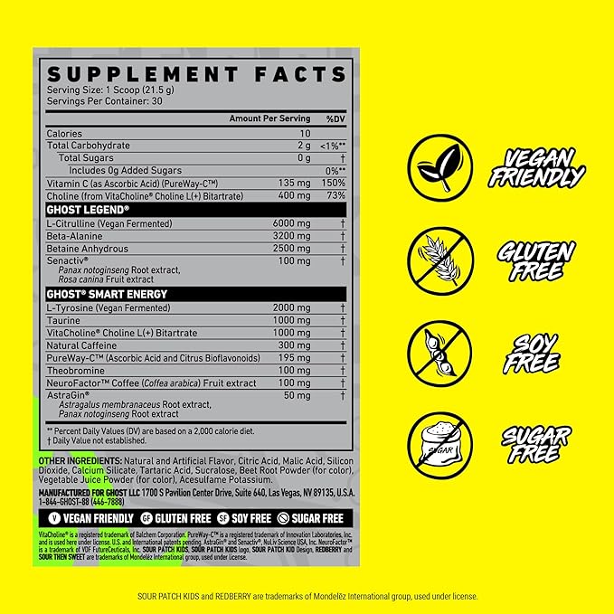 GHOST Legend Pre-Workout Powder, SPK Redberry - 30 Servings ??Pre-Workout for Men & Women with Choline, L-Citrulline, & Beta Alanine for Energy & Focus
