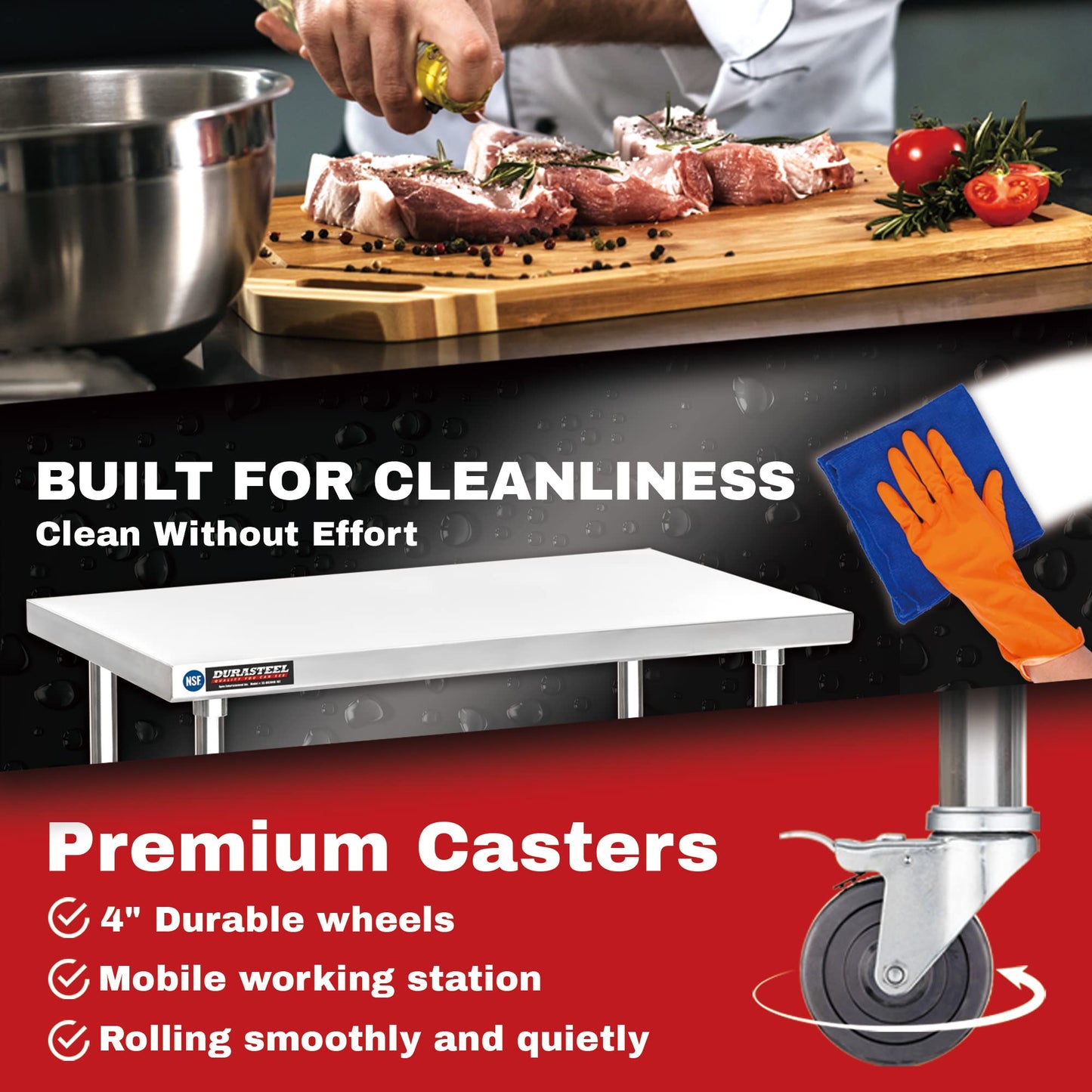 DuraSteel 24x48 NSF Stainless Steel Cart - Heavy Duty Food Prep Table with Undershelf - Rolling Kitchen Island on Wheels for Commercial Restaurant Kitchen, Garage, Outdoor Cooking, BBQ Grill, Counter