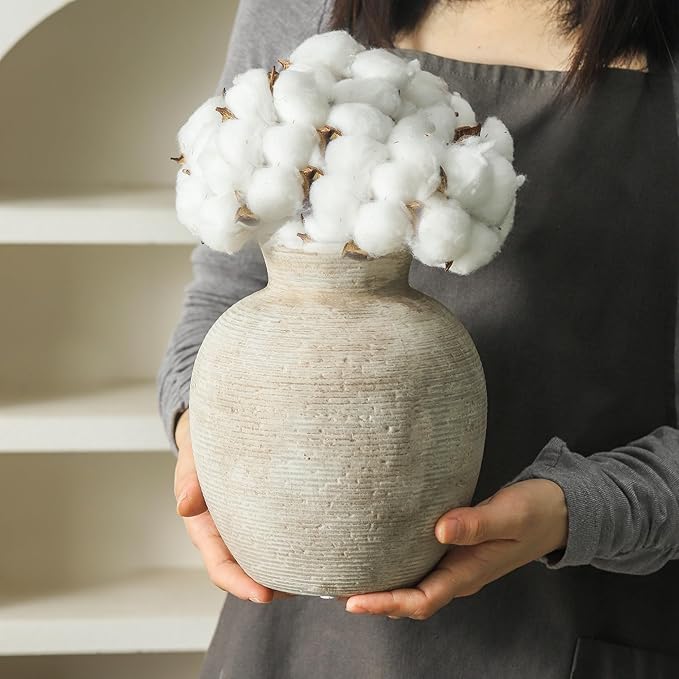 Vanselia Ceramic Flower Vase Home Decor - Farmhouse Table Vases Rustic Vintage Living Room Kitchen Bedroom Decorations for House Book Shelf Office Coffee Desk Dining Fireplace (7.4" Retro)