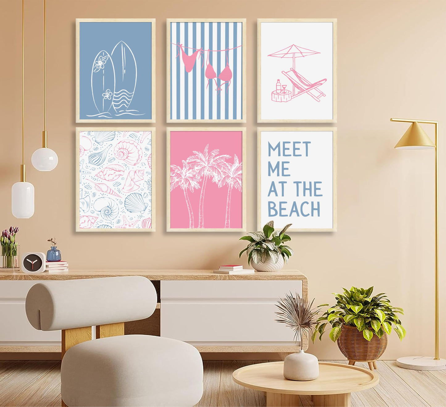 6Pcs Coastal Beach Surfing Wall Art Preppy Bikini Shells Painting Picture Wall Decor Summer Meet Me at the beach Poster Print Artwork for Living Room Bedroom Dining Room Bathroom Home Decoration