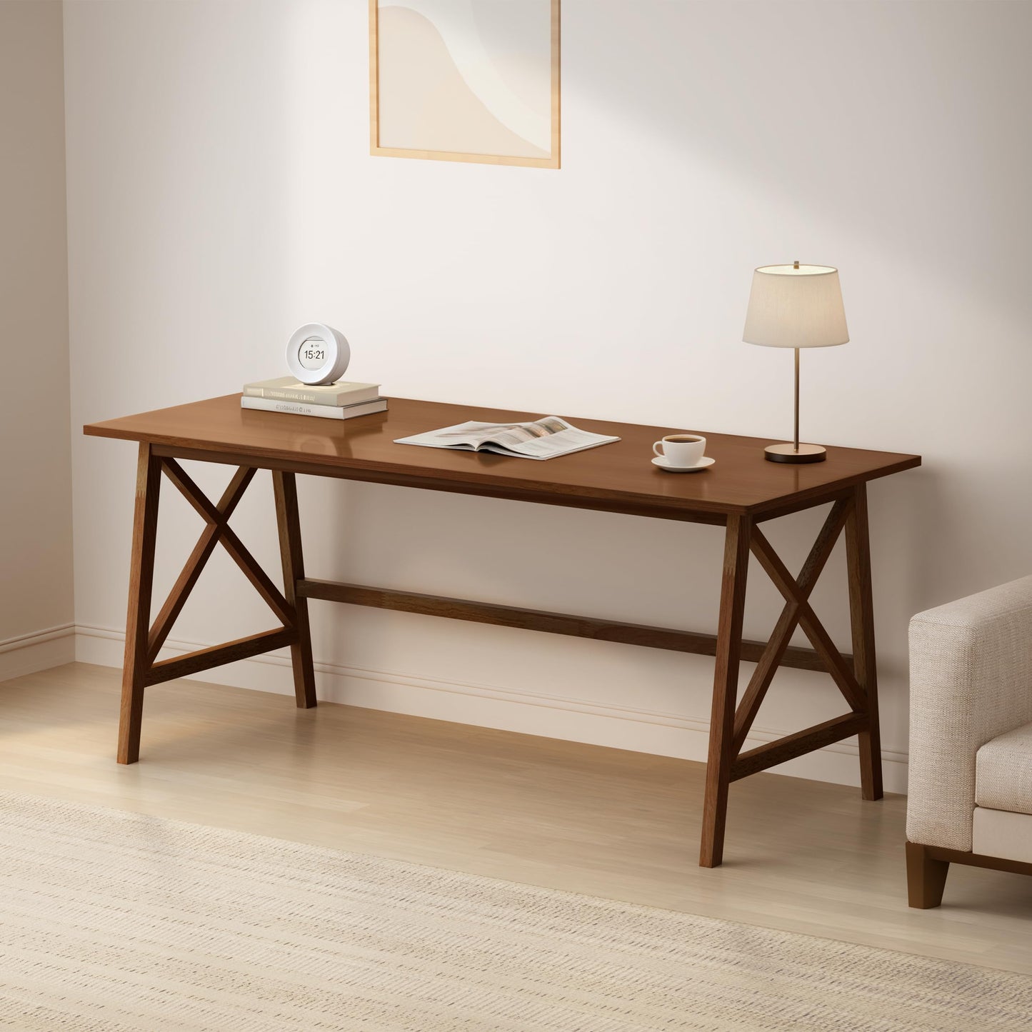 NELYE Modern Solid Wood Desk - 60" Simple Computer Table for Home Office Study Writing Workstation in Walnut, 60" W x 24" D
