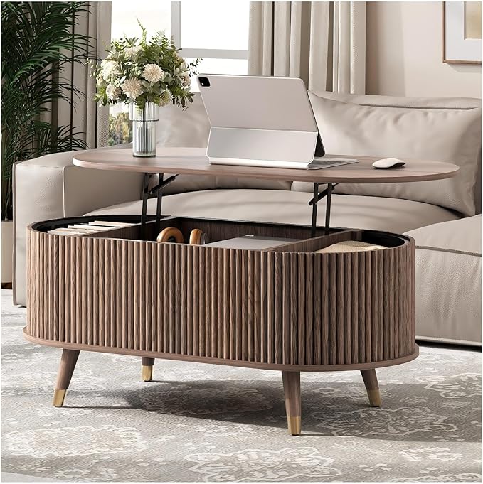 JOINICE 42.5" Oval Lift Top Coffee Table with Storage, Mid Century Modern Walnut Center Table with Fluted Design, Solid Wood Legs & Hidden Compartment, Pop Up Coffee Table for Living Room