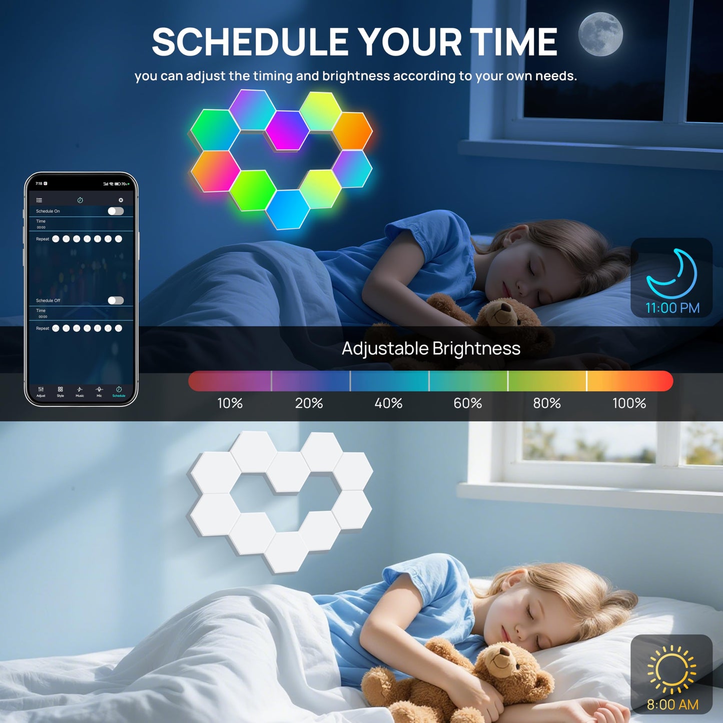 KORORO Hexagon LED Lights - 8 Pack Smart APP RGB Gaming Light with Remote Control & Music Sync Honeycomb Shape Hex Lights for Bedroom, Living Room Wall, Gaming Decor