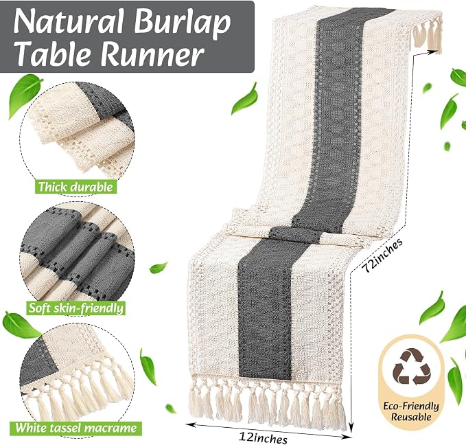 6 Sets Boho Decoration Placemats Round Woven Placemats, Cloth Napkins, Wood Bead Napkin Rings, Long Table Runner and Farmhouse Burlap Cotton for Table Kitchen (Gray,12x72)