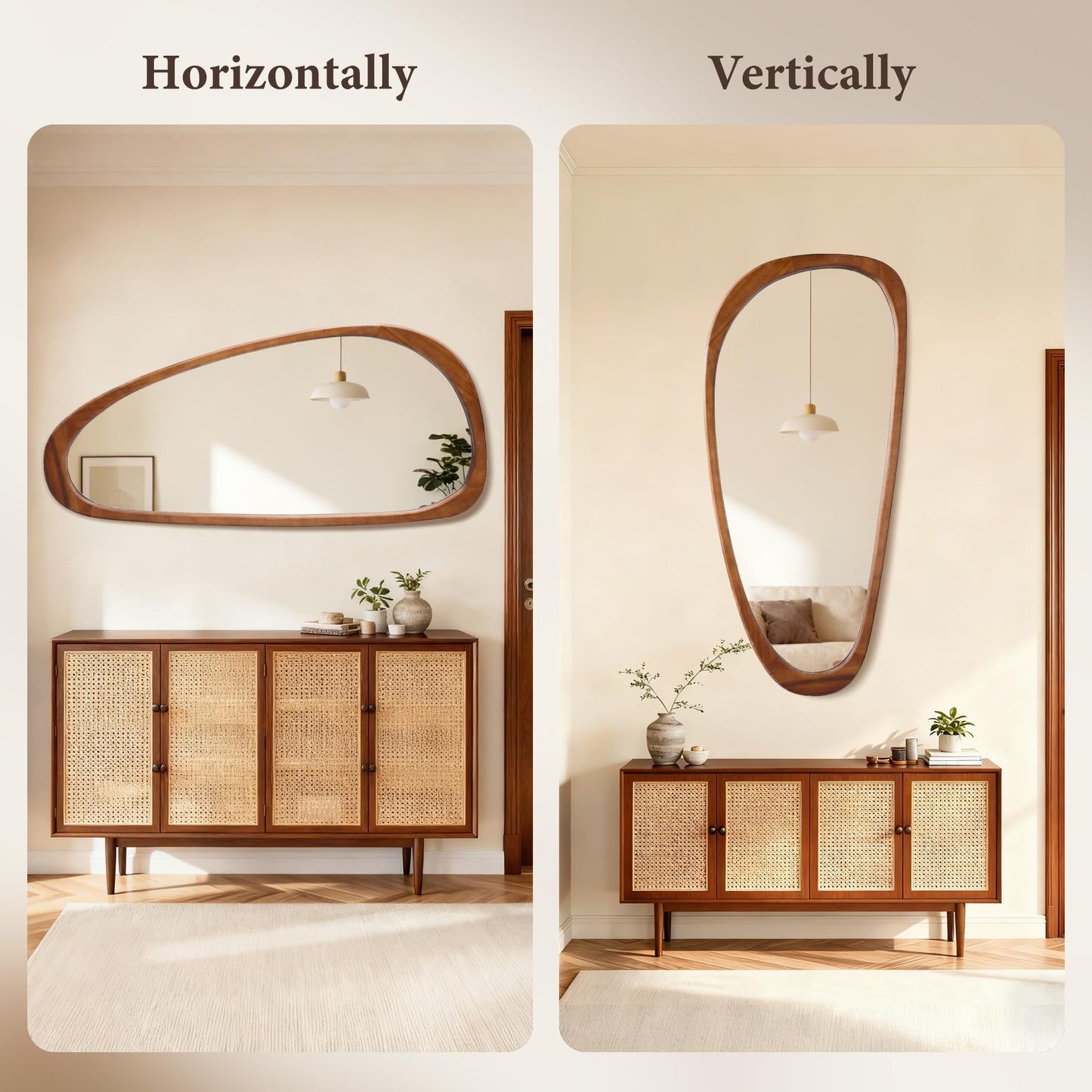 Inbenioso 22‘’x48'' Asymmetrical Mirror with Wood Frame, Small Irregular Wall Odd Shaped Mid Century Modern Mirror Christmas Decor for Bedroom Living Room Entryway Hall (Wood)