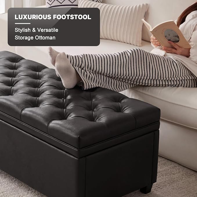 Mangodan 43" Storage Ottoman Bench, Tufted Ottoman with Storage for Living Room, Large End of Bed Ottomans, Modern Entryway Benchs, Window & Bedroom Benches for Foot of Bed (Faux Leather Black)
