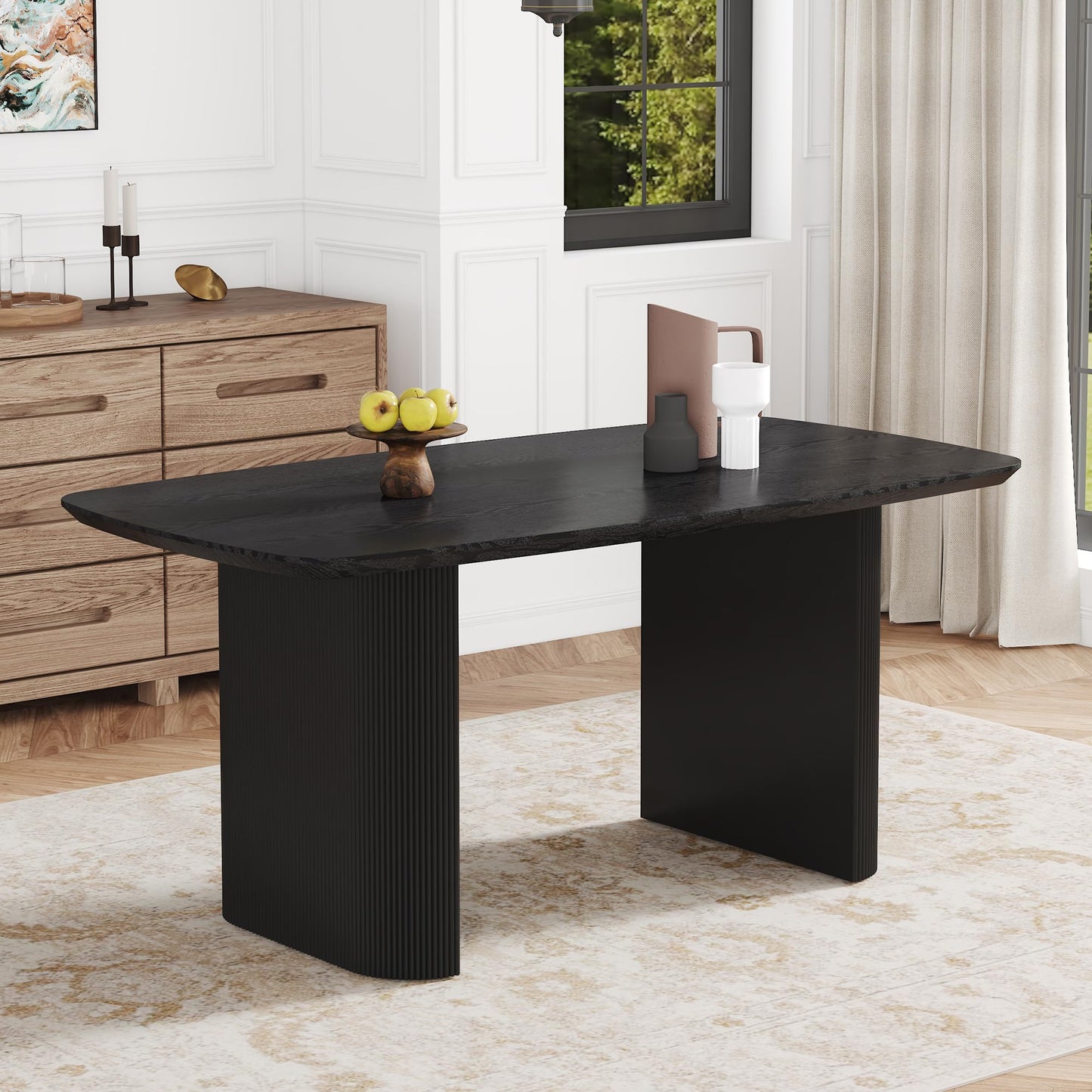 Ebullient Modern Dining Table for 6-8 People, 67'' Black Oval Kitchen and Dining Room Tables, 3.5'' Thick Wood-Patterned Tabletop with Matte Black Tablelegs, Space Saving Kitchen Table
