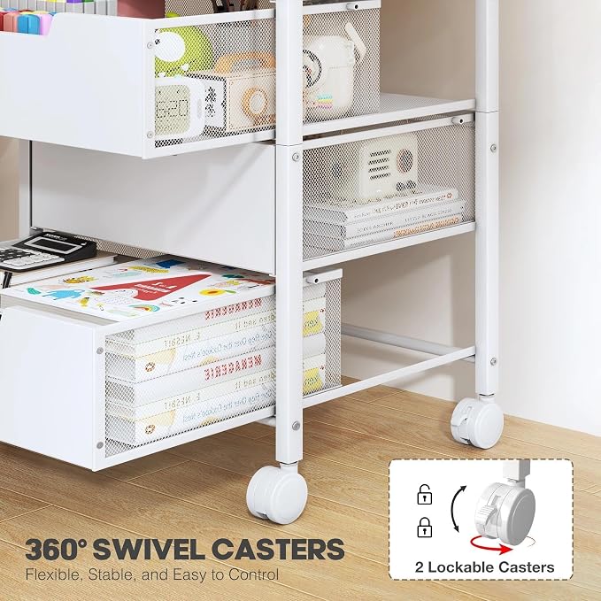 Rolling Cart with Drawers, Wooden Top and Front, with Wheels Metal Under Desk Storage Cart with 4 Drawers, for Office, Bedroom, Classroom, Home, White