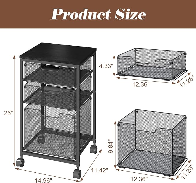 Sbanmao Rolling File Cart with 3 Drawers, Filing Cabinet, Hanging Folder Holder Organizer with Wheels, Under Desk Storage Utility Cart, File Cabinet Printer Stand for Home Office, Black