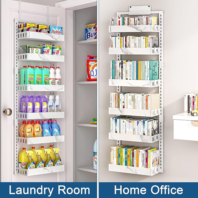 BUKFEN 6-Tier Over the Door Pantry Organizer, 2-in-1 Door Hanging or Wall Mounted Spice Rack, Heavy Duty Metal Storage Shelves with Adjustable Baskets for Kitchen Bathroom Closet, 1 Pack
