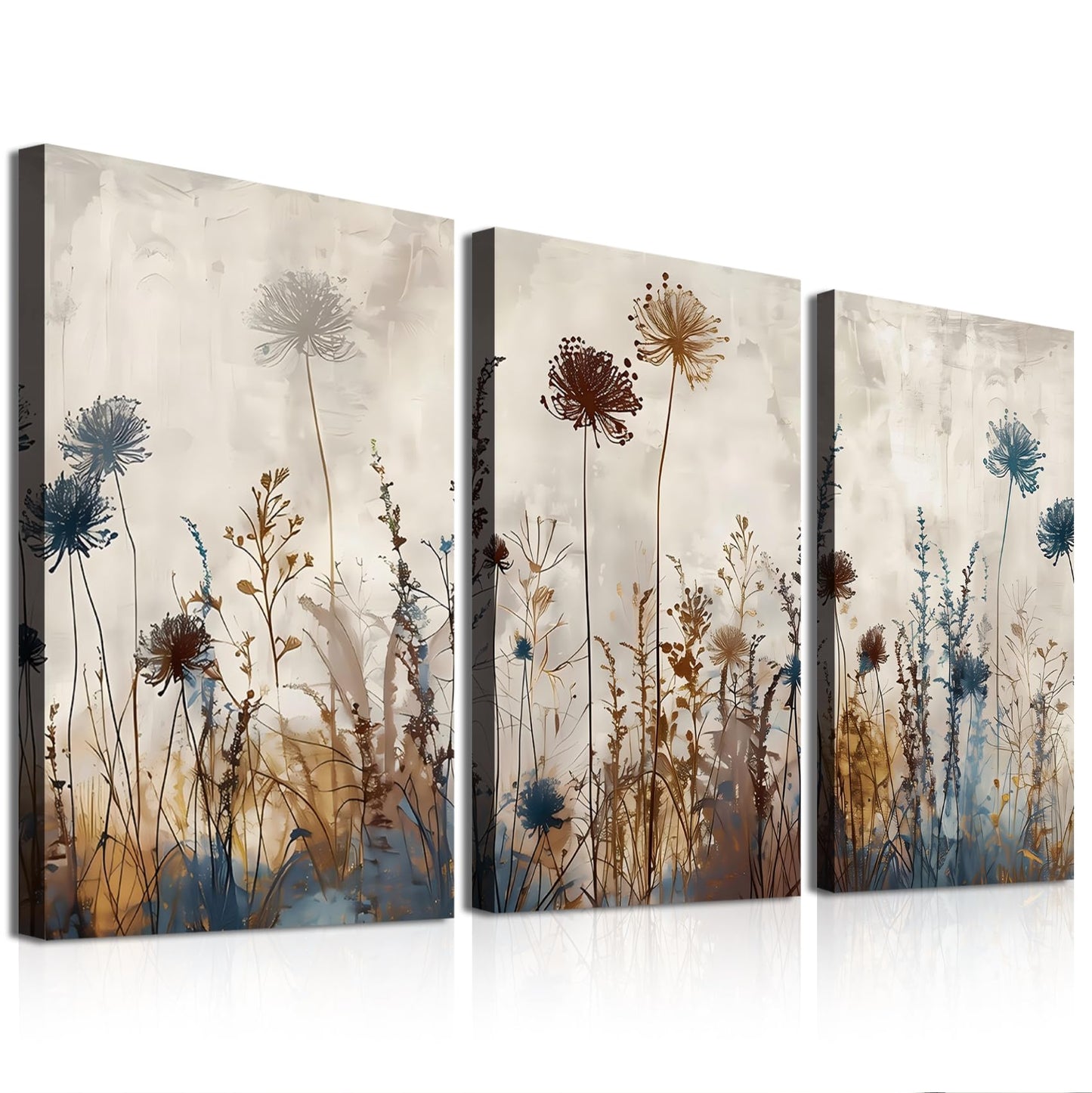 Framed Triptych Floral Canvas Prints Pictures for Bathroom Entryway, Abstract Neutral Wildflower Poster Wall Art, Minimalist Wall Decor, Made in USA for Office Living Room