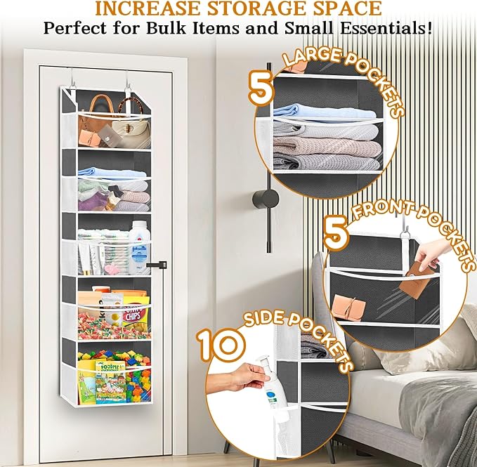 Ofiray-home 2 Pack Over Door Organizer with 5 Large Pockets, 5 Transparent Front Pockets & 10 Mesh Side, 50 lbs Weight Capacity Hanging Storage for Toys, Shoes, Diapers, Pantry