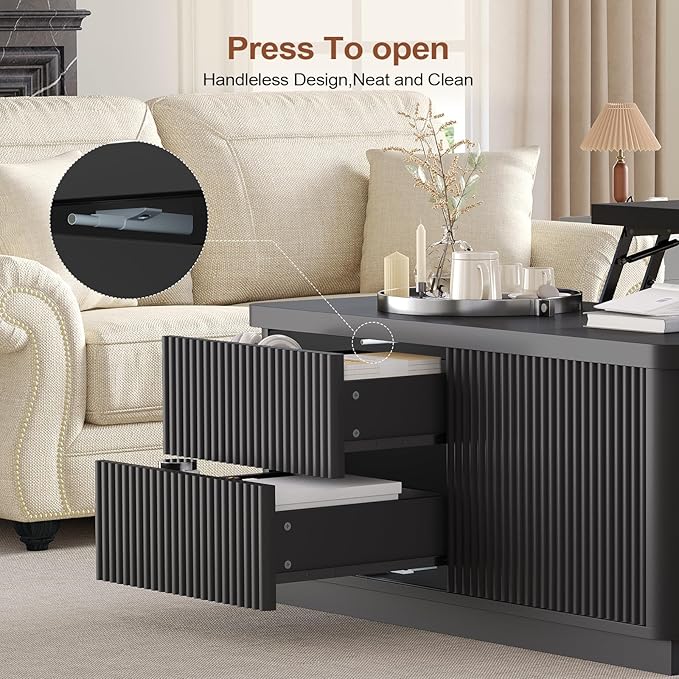 Itaar 39.4'' Lift Top Coffee Table with Storage, Fluted Coffee Tables for Living Room, Square Coffee Table with Large Hidden Compartment & 2 Drawrs & Adjustables Shelves, Black