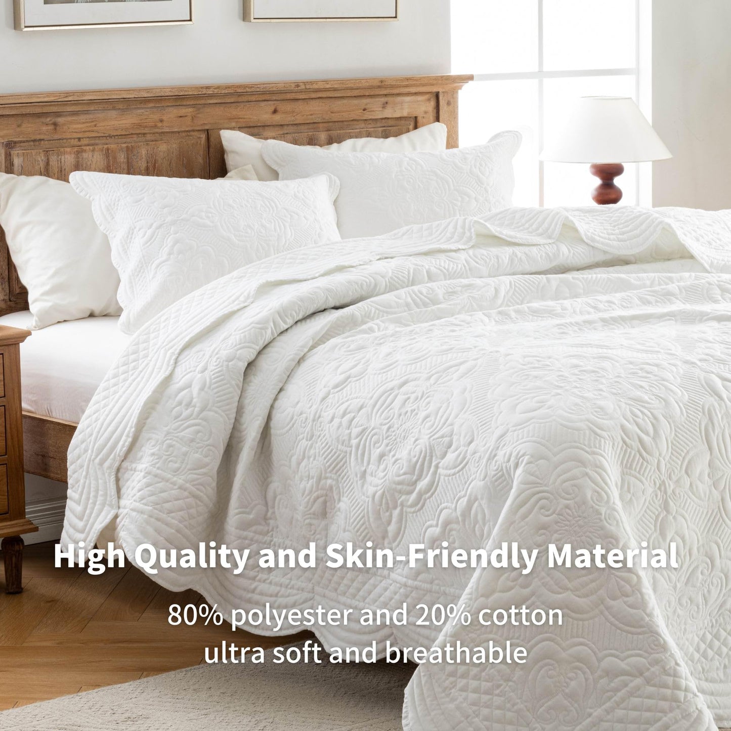 meadow park Embroidered Quilt Set King Size - 3 Pieces, Washed Cotton Blend Lightweight Bedspreads with Scallop Edges, Reversible Coverlets Bed Cover All Season Quilts-Ivory