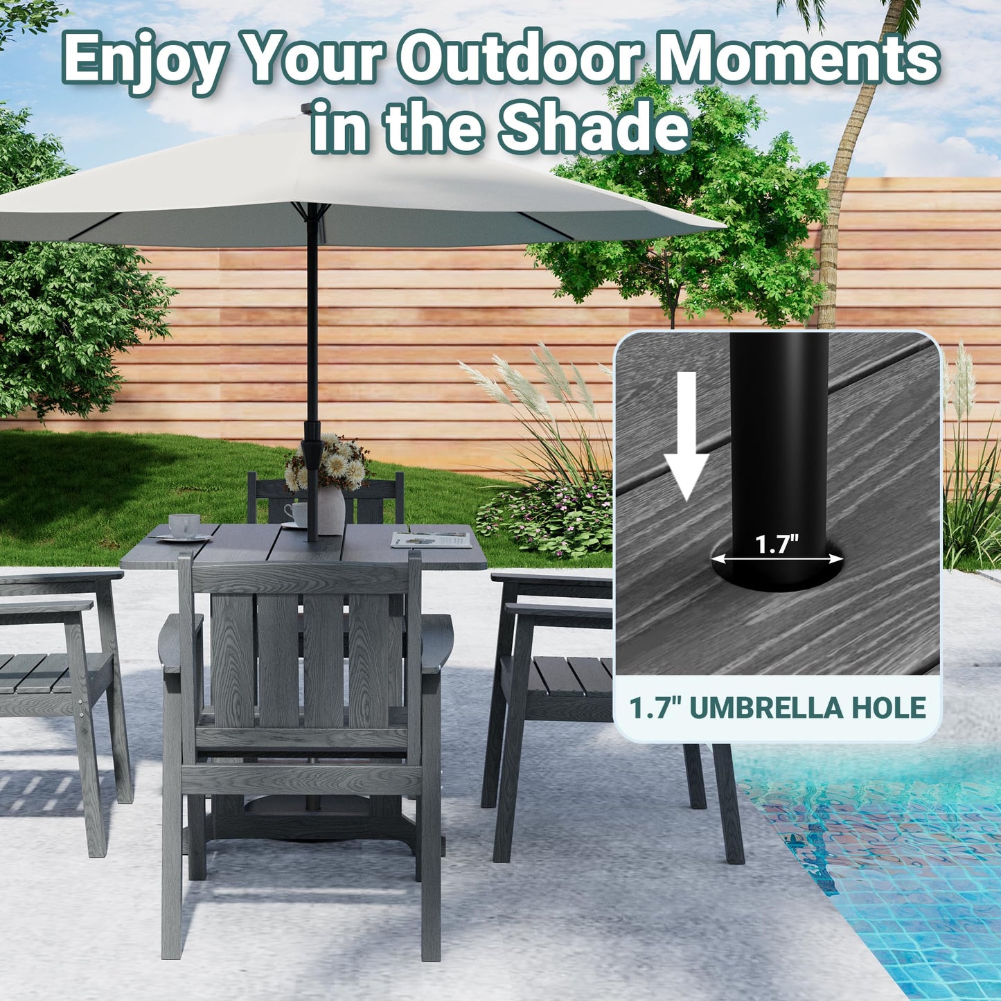 Pamapic 5 PCS Outdoor Dining Set, Spacious HDPE Outdoor Table and Chairs, Wood Grain Patio Furniture Sets with Elegant Armrest, All-Weather Patio Dining Table with Umbrella Hole, Gray