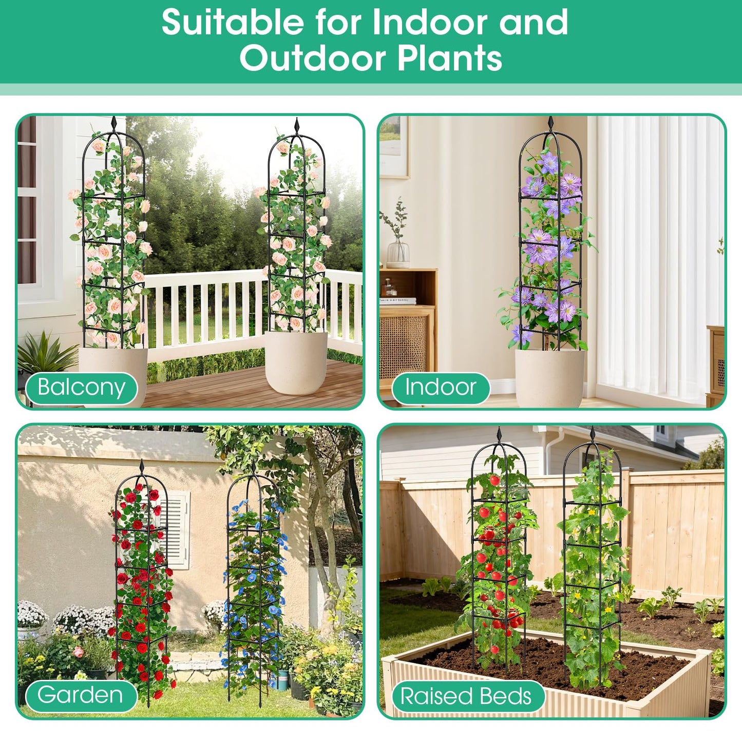 2 Pack Garden Obelisk Trellis for Climbing Plants, 71" Metal Rustproof Plant Support Rose Trellis, Tower Potted Cages for Flowers Fruits Vegetable Vines Indoor & Outdoor, Black(4 Tiers)