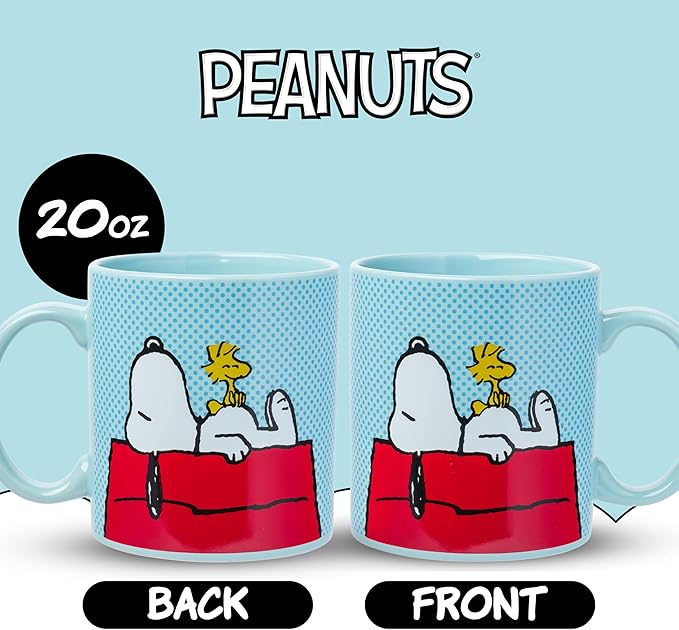 Silver Buffalo Peanuts Snoopy and Woodstock on House Blue Dot Background Ceramic Coffee Mug, 20 Ounces