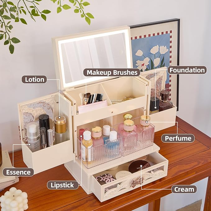 Large Makeup Organizer Countertop with LED Mirror, Vintage Cosmetic Storage Box with Drawers & Side Compartments, Dustproof Skincare Organizer for Vanity, Elegant Gift for Women(White)