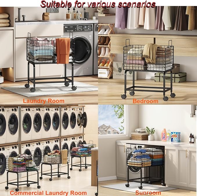 Wire Laundry Hamper Cart,Rolling Laundry Carts with Pull Handle,Black Tall Laundry Basket,Commercial Wire Laundry Hamper Cart-23.6 * 15.75 * 28 inches