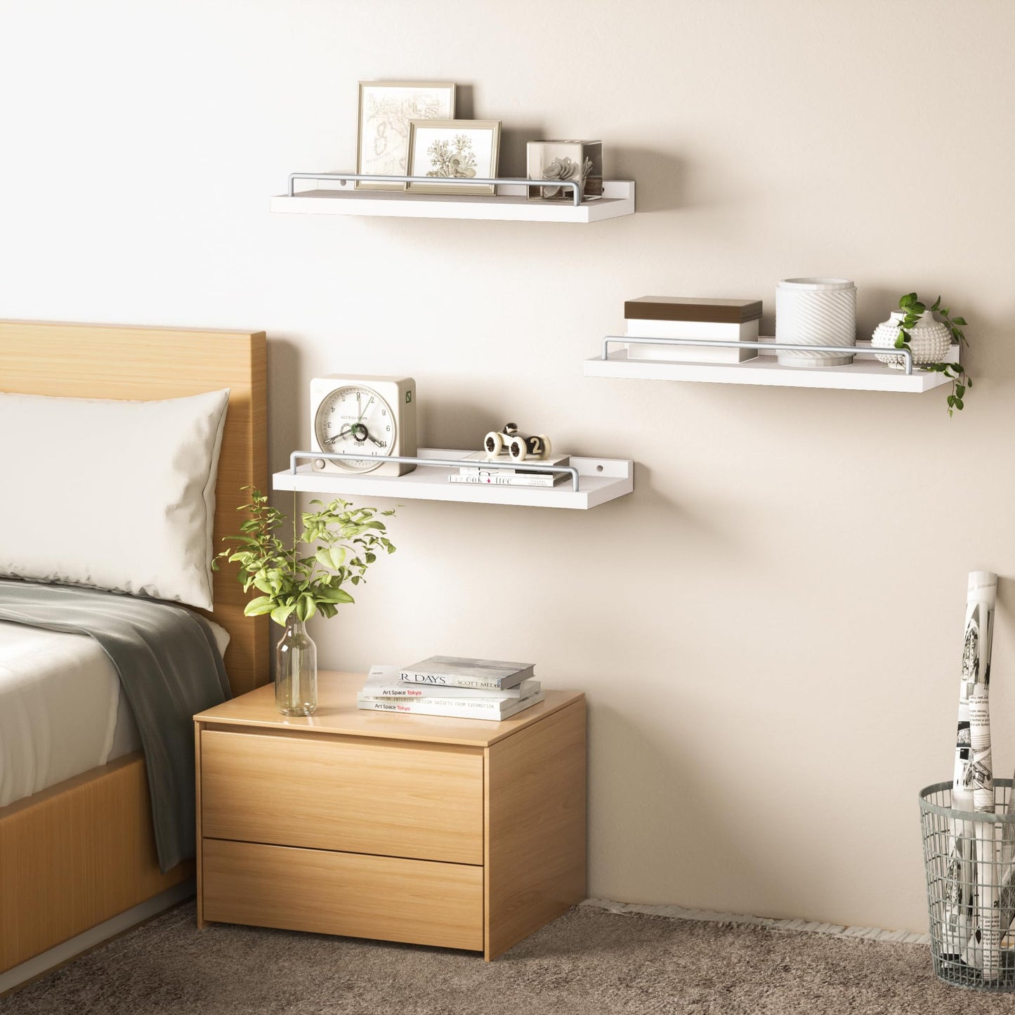 RYOFOBETTO Floating Shelves for Wall Decor, White and Grey Shelves for Bathroom, Living Room, Bedroom, Picture Frames, Plants, Kitchen (Set of 3)