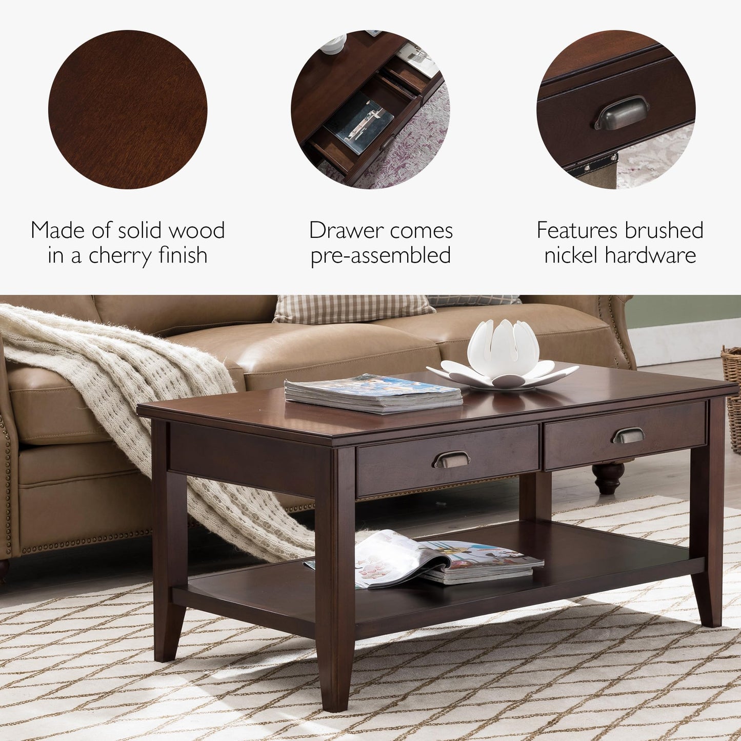 Leick Home 10504 Laurent Two Drawer Coffee Table with Shelf, Chocolate Cherry
