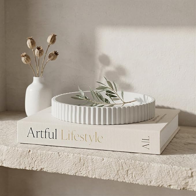 Decorative Concrete Tray & Book Decor Set - Scalloped Tray & Linen Box Enhance Your Coffee Table or Bookshelf Decor - Stylish Home Decoration for Your Living or Dining Room & as a Housewarming Gift