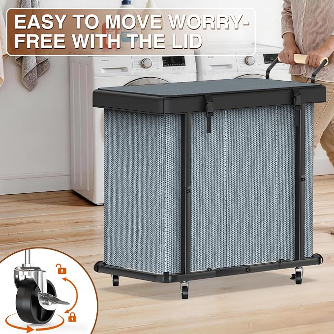 Rolling Laundry Hamper with Wheels, Laundry Hamper 3 Section with Lid, Laundry Basket with Rolling Lockable Wheels and Handle, Laundry Basket Organizer for Laundry Room, Bedroom 230L Gray
