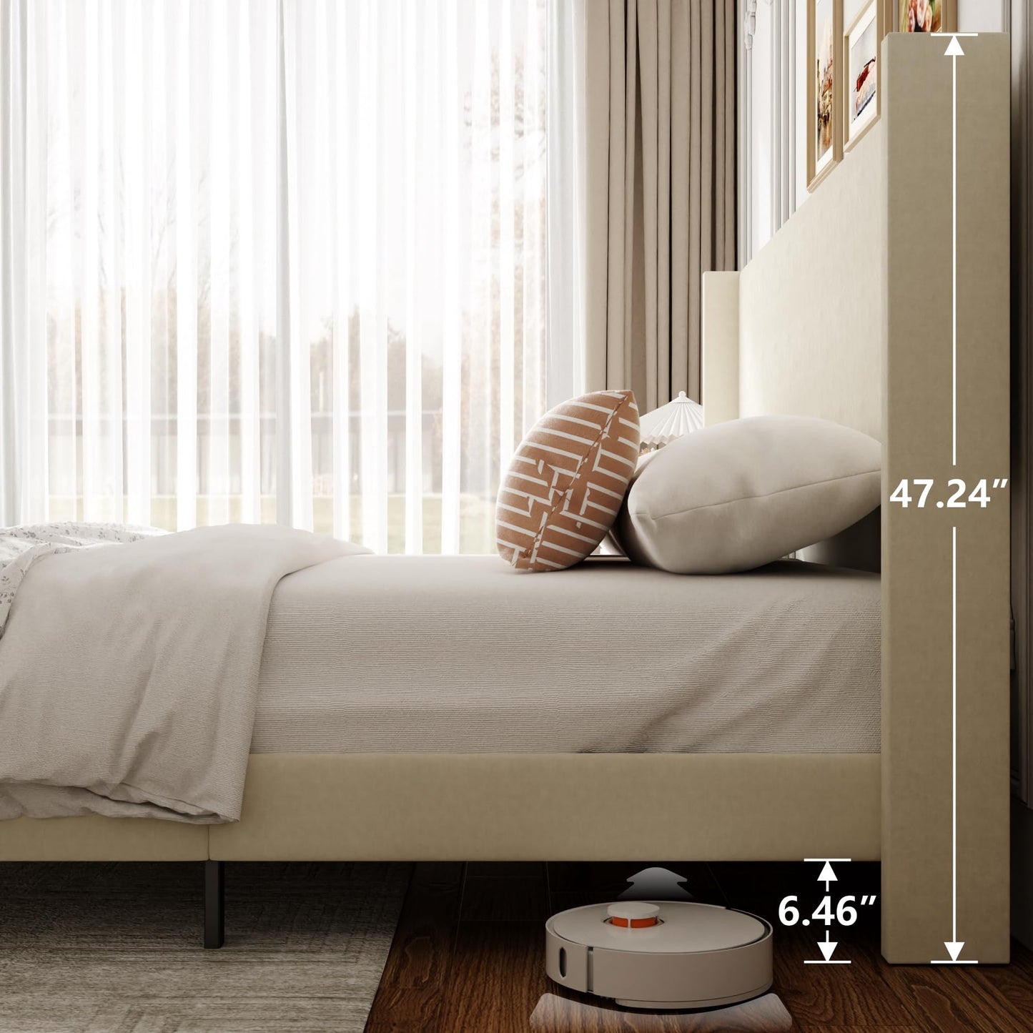 Sismplly Queen Bed Frame with Wingback Headboard, Velvet Upholstered Platform Bed with Wooden Slats, 6.46“ Under Bed Storage, Metal Support, Noise Free, No Box Spring Needed, Beige