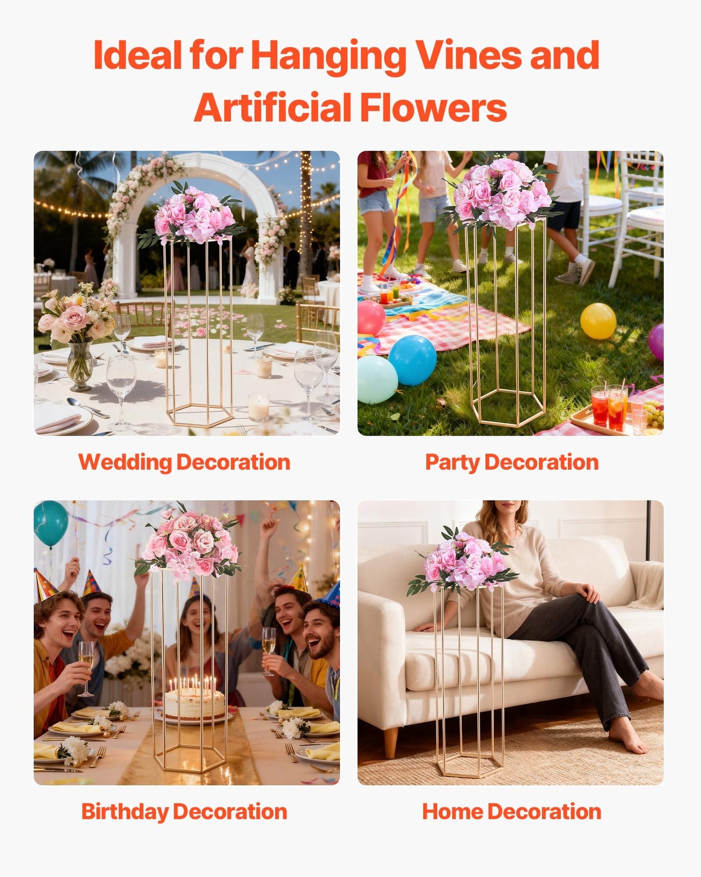 VEVOR Wedding Flower Stand, 10PCS 31.5-inch Column Flower Stand, Floral Stands with Acrylic Laminate, Hexagonal Cubic Floral Display Rack for Wedding, Party, Birthday, Home,French Gold Stands