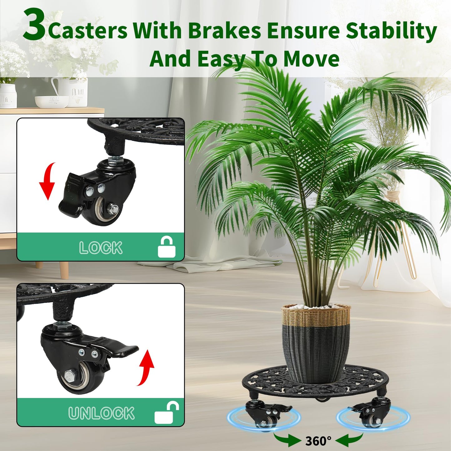 GARGENTOL Rolling Plant Stand with Wheels, 1 Pack Heavy Duty Metal Plant Caddy 11 Inch Wrought Iron Plant Dolly Outdoor Round Plant Rollers Stand for Large Potted Plants and Flower Pot, Black