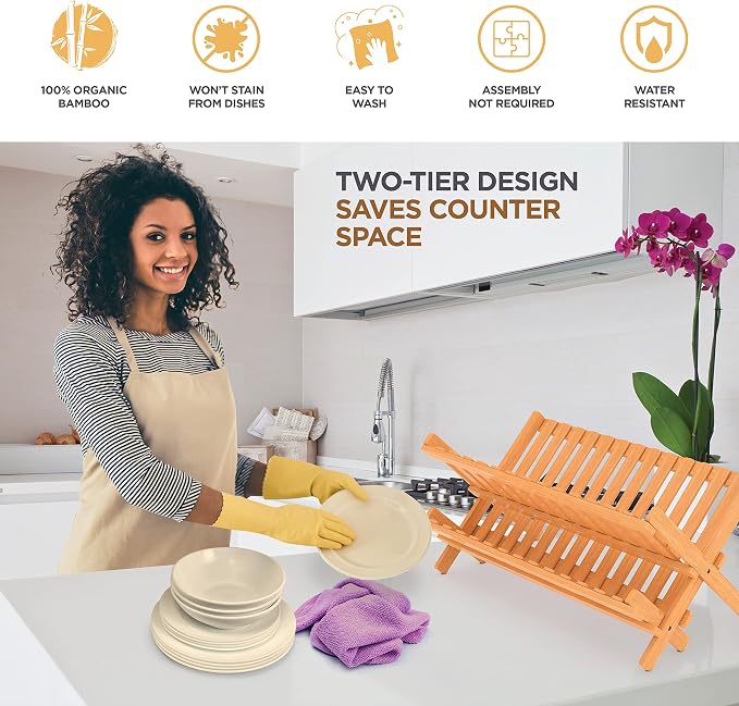 Bambüsi Dish Drying Rack - Collapsible Bamboo 2 Tier Foldable Wooden Dish Drainer for Countertop, Plates Cups Bowls Utensils - Eco Friendly Folding Bamboo Dish Rack for Kitchen Apartment RV Home Small