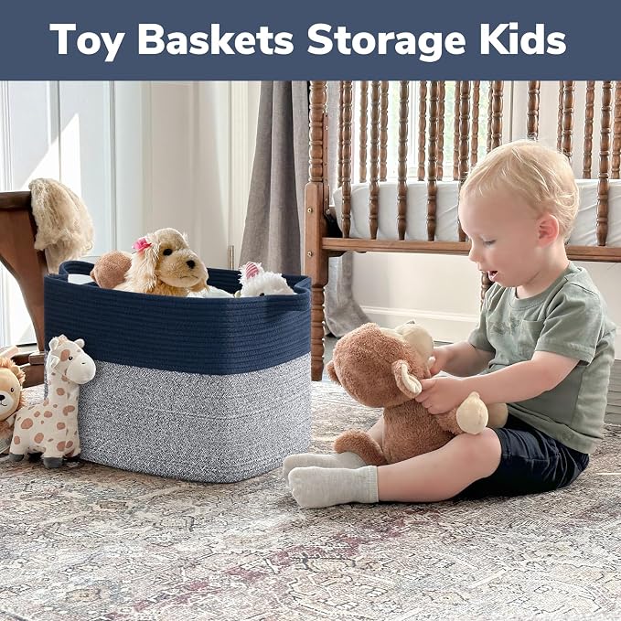 Goodpick Woven Baskets for Organizing, 18" x 14" x 12" Large Storage Basket for Living Room Bedroom, Decorative Toy Baskets Storage Kids Rectangle Blanket Basket with Handles, Dark Blue