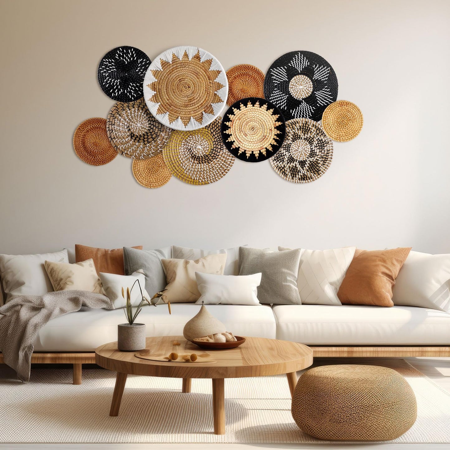 11 Pcs Boho Hanging Wall Basket Decor Handmade Woven Basket Wall Decorative Boho Wicker Baskets Placemats Round Farmhouse Bulrush Art for Rustic Home Decorations Christmas Gift(Stylish)