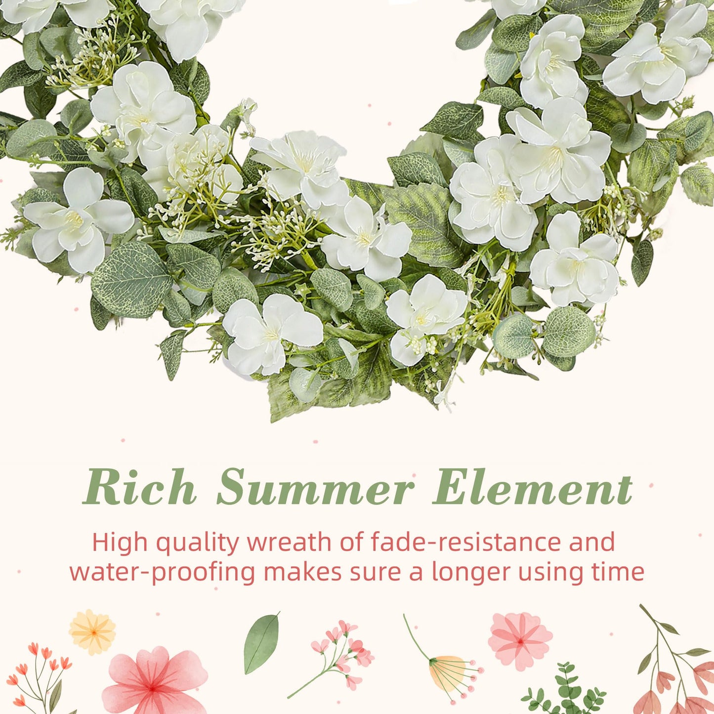 YNYLCHMX 18" Spring Summer Wreaths for Front Door, Artificial Floral Wreath with White Rose Flowers Green Eucalyptus Leaves, Green Foliage Wreath for Wall Window Farmhouse Party Holiday Home Decor