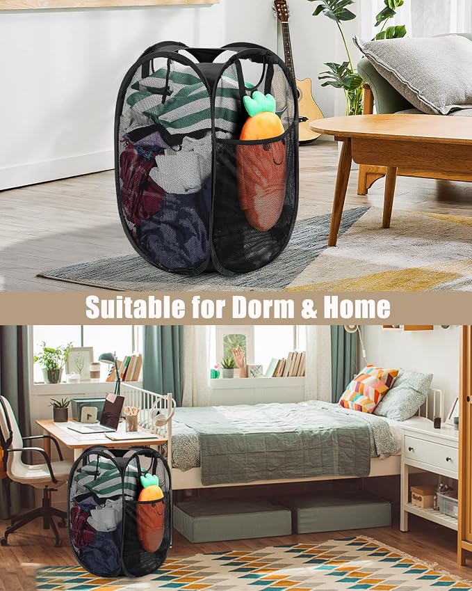 2 Pcs Strong Mesh Pop up Laundry Hamper,House Again Collapsible Laundry Basket with Durable Handles Solid Bottom High Carbon Steel Frame, Space-Saving, Easy to Open and Fold Flat for Storage(Black)