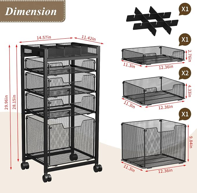 Rolling File Cart with 4 Storage Drawers, Under Desk Organizer with DIY Divider, Moblie Filing Cabinet on Wheels, Fits A4/Letter Size, Metal Utility Cart for Home Office, Black