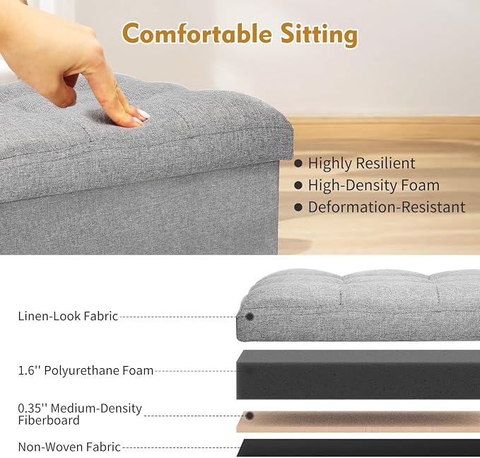 BelugaHelper Storage Ottoman Foot Rest, Folding Linen Foot Stool with Thicker Foam Padded Seat. Small Ottoman with Storage Bench for Bedroom Living Room, Holds Up to 300 lbs, 17x13x13IN (Light Gray)