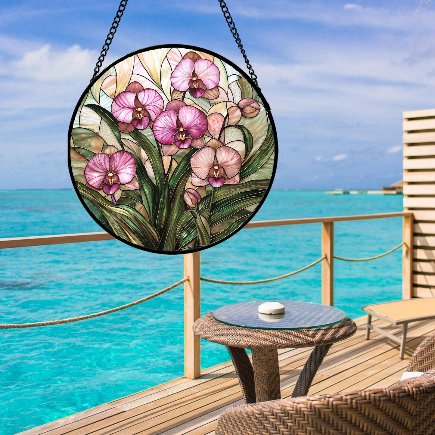 AMDERVEN Stained Glass Window Hanging - Pink Phalaenopsis Orchid Green Leaves Sun Catcher for Door Home Decor Flower Suncatcher Christmas Mother's Day Birthday Gifts for Women Men Mom Nana 9.8 in