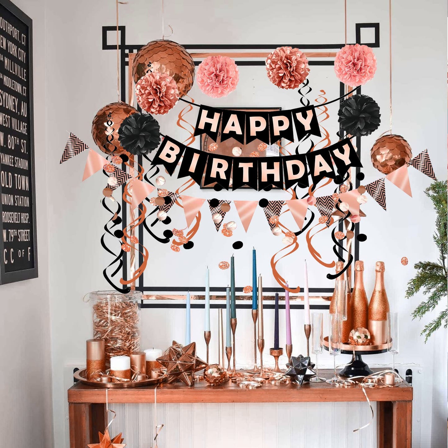 FECEDY Rose Gold Black Theme Happy Birthday Banner Flag Bunting Paper Circle Confetti Garland Swirl Streamers Honeycomb Ball for Birthday Party Decoration