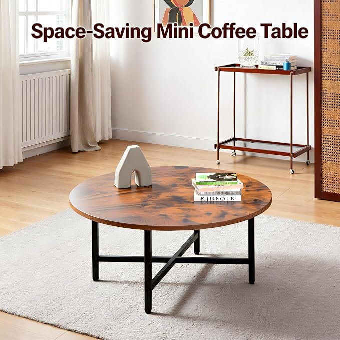 FAMIDGE Round Coffee Table, 23.6" Small Coffee Tables for Living Room, Circle Coffee Table with Metal Frame, Floor Table Desk for Sitting on The Floor, Home, Office, Rustic Brown