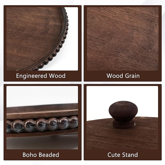 FramePro Decorative Tray 12in Round Wood Beaded - Brown Serving Tray Risers for Living Room, Coffee Table, Kitchen or Farmhouse Display