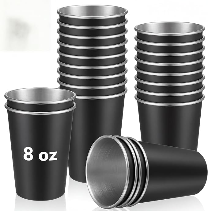 Mimorou 20 Pack 8 oz Stainless Steel Pint Cups Metal Cups Unbreakable Drinking Water Tumblers Stackable Tumbler for Adults Bar Home Restaurant Travel Picnic Camping Outdoor (Black)