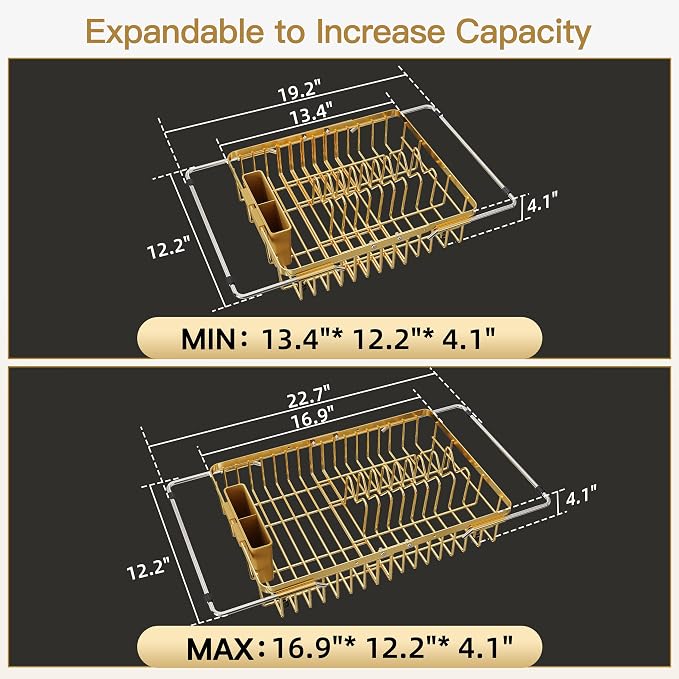 JASIWAY Gold Expandable Stainless Steel Dish Drying Rack Over The Sink for Small Kitchen, Counter Space Saving Compact Plate Drainer Strainer, Adjustable Hanging Metal Dish Dryer with Utensil Holder